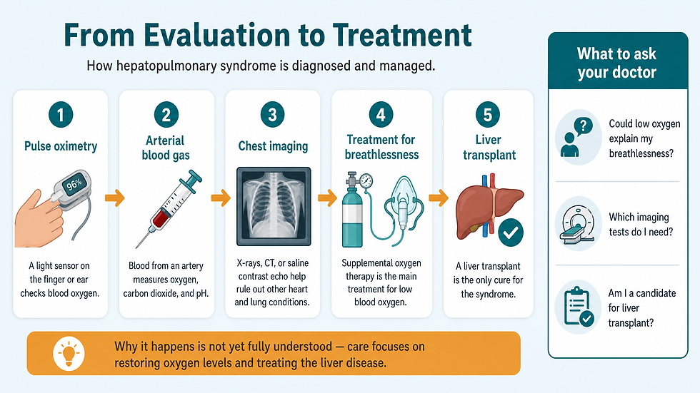 Flowchart showing the five-step pathway for hepatopulmonary syndrome from pulse oximetry through arterial blood gas, chest imaging, treatment for breathlessness with supplemental oxygen, and liver transplant as the only cure, alongside common questions to ask a doctor.