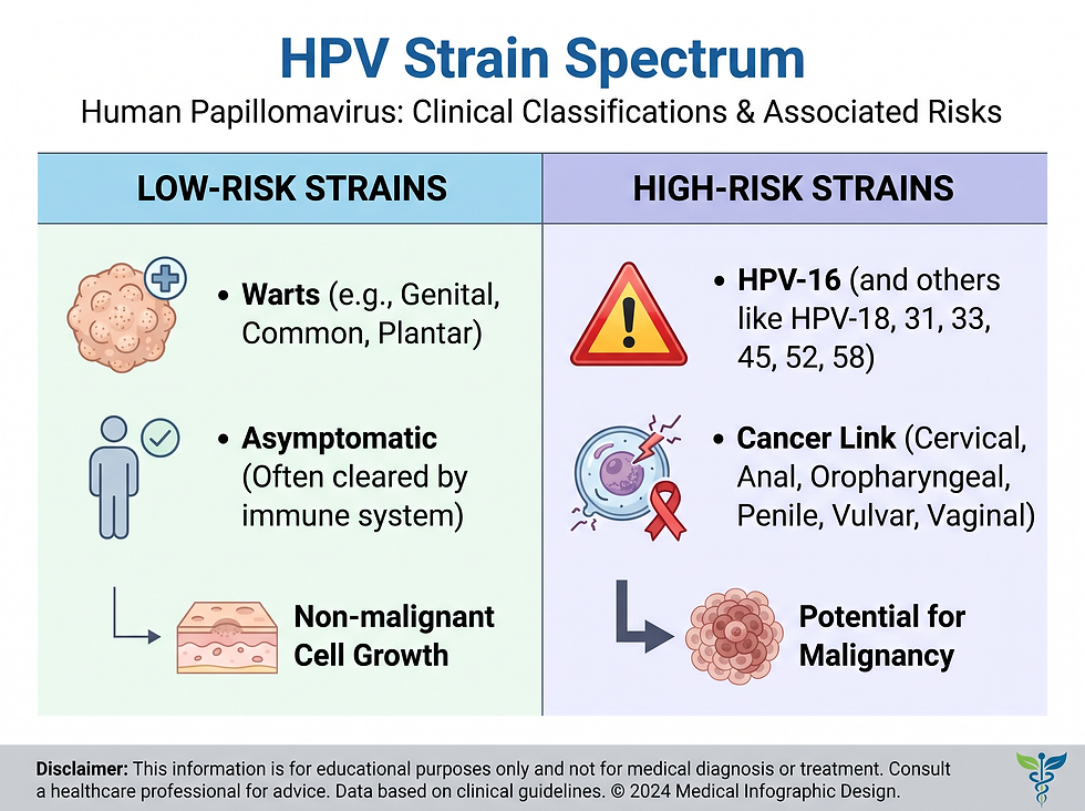 HPV strain spectrum comparing low-risk strains that cause warts with high-risk strains linked to cancer