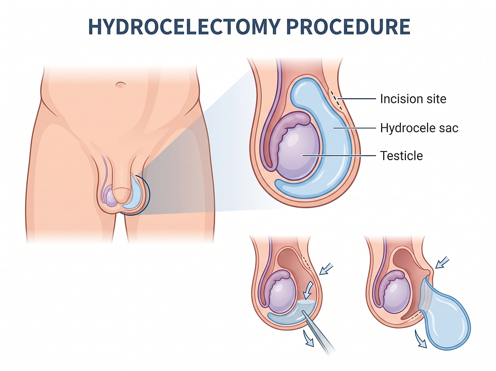 Hydrocelectomy procedure illustration showing the incision site, the hydrocele sac, and the testicle, with steps for draining and removing the sac