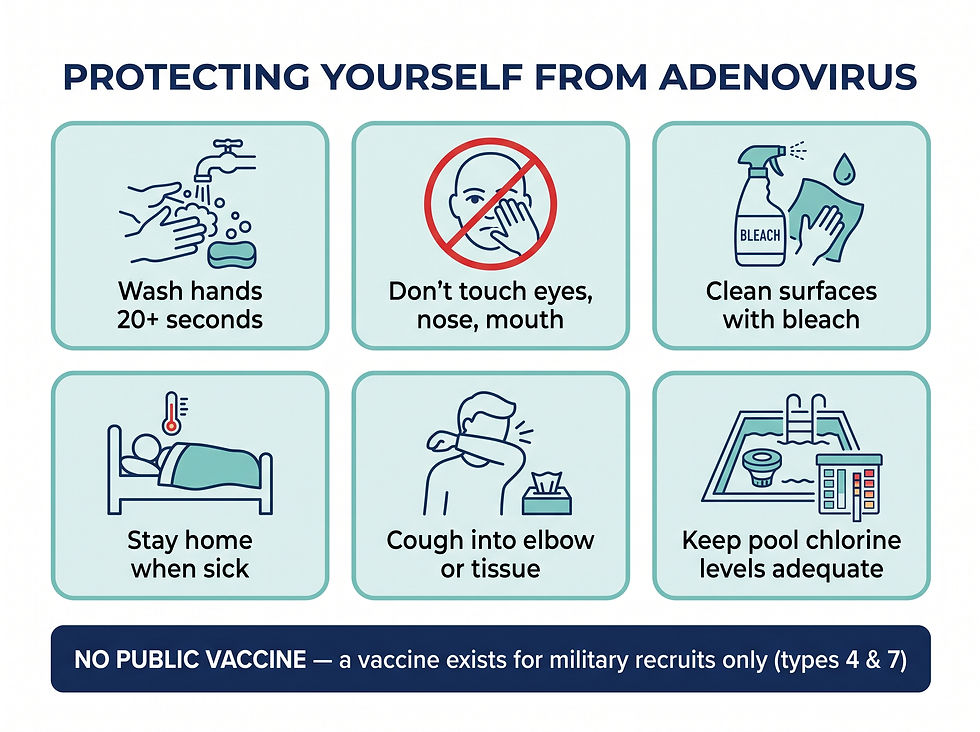 Adenovirus prevention: six daily habits including 20-second handwashing, avoiding face touching, bleach-based surface cleaning, staying home when sick, cough hygiene, and pool chlorine levels, with a note that no public vaccine exists