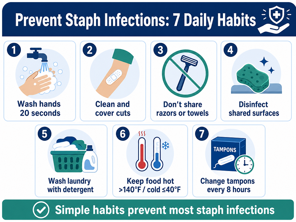 Prevent staph infections with 7 daily habits — wash hands for 20 seconds, clean and cover cuts, don't share razors or towels, disinfect shared surfaces, wash laundry with detergent, keep food hot above 140°F or cold at or below 40°F, and change tampons every 8 hours