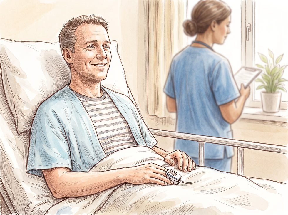 Smiling patient recovering in a hospital bed with a pulse oximeter on his finger while a nurse reviews a chart