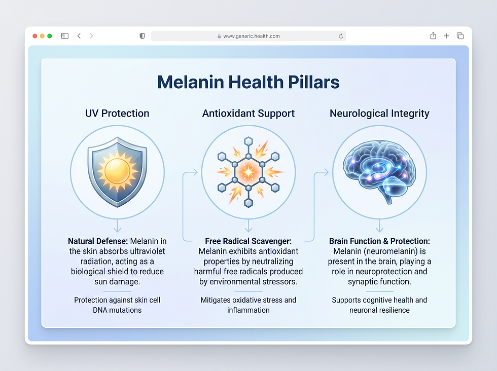 A wellness infographic titled 'Melanin Health Pillars', focusing on UV protection, antioxidant support, and neurological integrity.