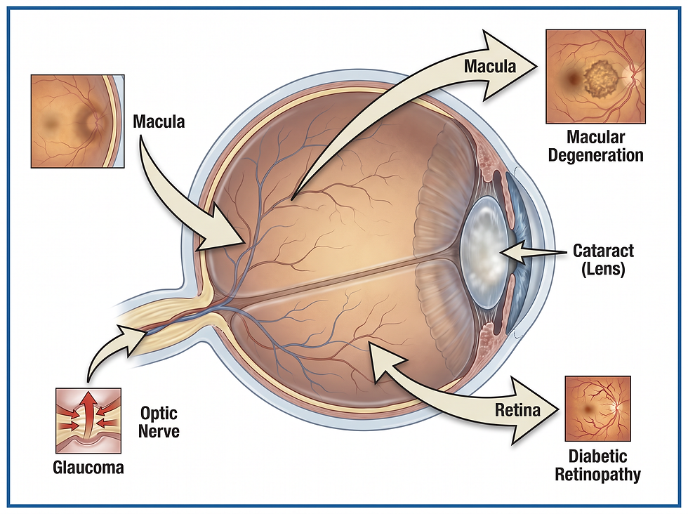A detailed medical illustration showing common causes of low vision, including macular degeneration, glaucoma, and diabetic retinopathy, with a focus on how each condition affects the eye's anatomy.