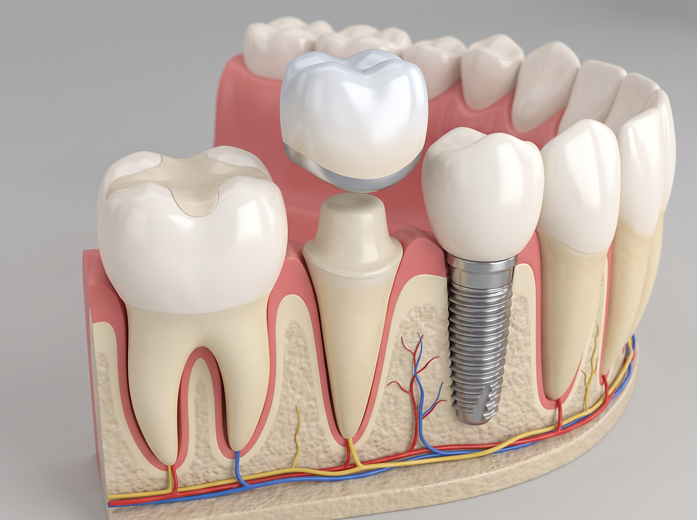 Types of dental restorations including fillings, crowns, bridges, and dental implants