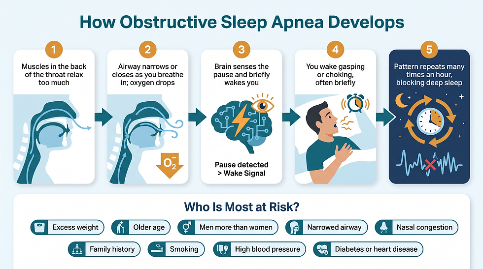 How obstructive sleep apnea develops: five steps from muscle relaxation to repeated breathing pauses, plus nine risk factors