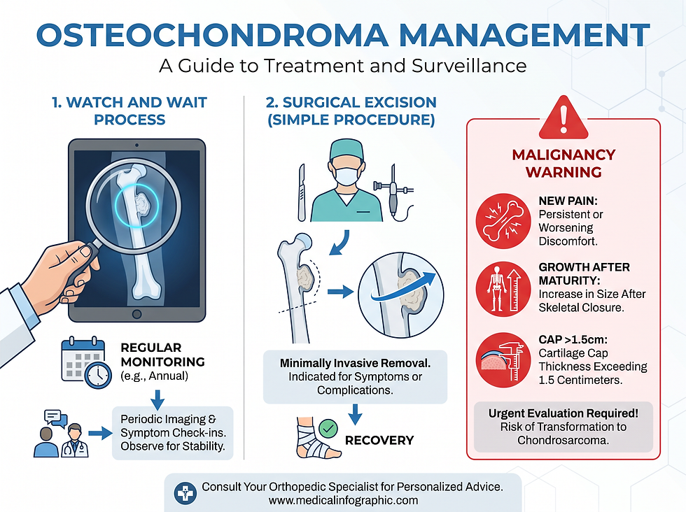 Osteochondroma management guide showing the watch-and-wait process, surgical excision and malignancy warning signs