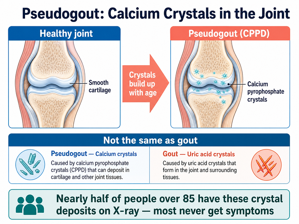 Pseudogout: calcium pyrophosphate crystals build up in joint cartilage as we age — pseudogout uses calcium crystals while gout uses uric acid crystals, and nearly half of people over 85 have these deposits on X-ray though most never develop symptoms