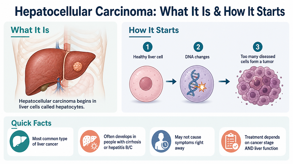 Infographic showing a liver under the rib cage with a highlighted nodule, a three-step sequence of how healthy liver cells change after DNA damage to form a tumor, and quick facts including that hepatocellular carcinoma begins in hepatocyte cells, often develops in people with cirrhosis or hepatitis B/C, may not cause symptoms right away, and treatment depends on cancer stage and liver function.