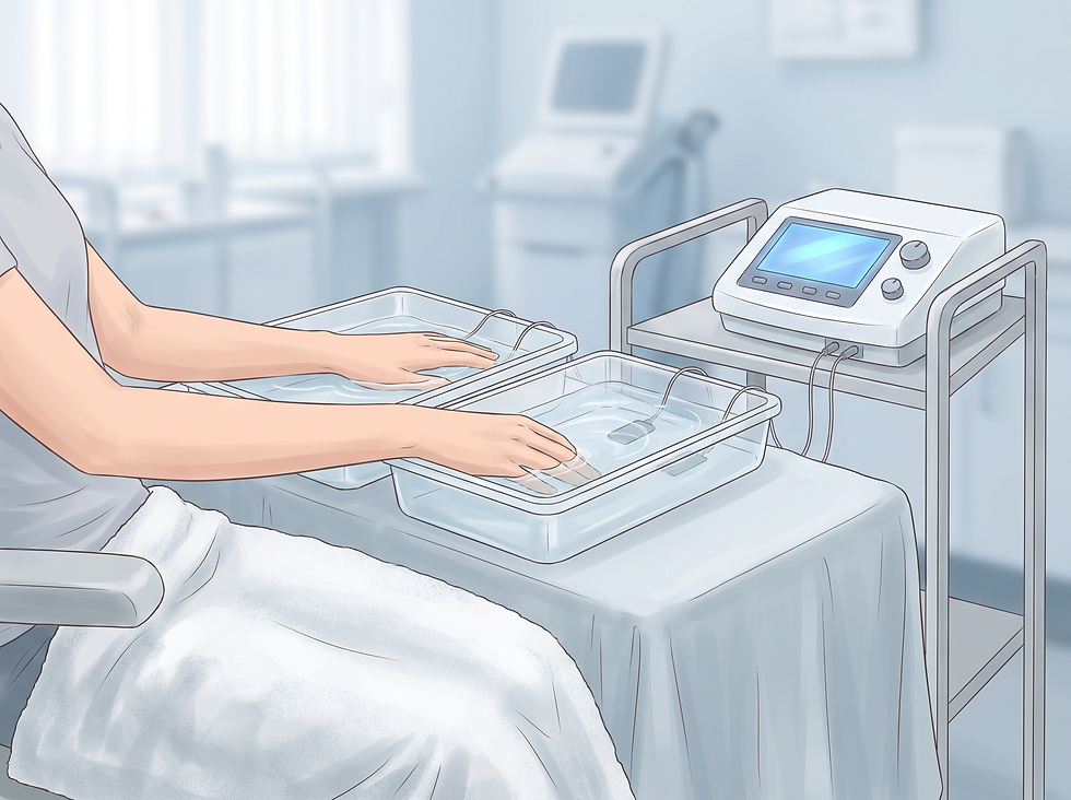 A clinical scene depicting a patient undergoing a tap water iontophoresis session for the hands, emphasizing the professional and noninvasive nature of the treatment.
