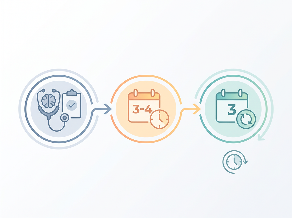 An infographic illustrating the journey of starting the keto diet for epilepsy: medical evaluation, the 3-4 month trial period, and the ongoing 3-month follow-up schedule