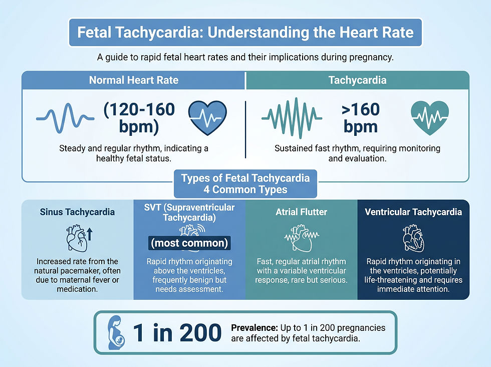 Fetal tachycardia guide comparing a normal fetal heart rate of 120-160 bpm with tachycardia above 160 bpm, the four common types, and the 1 in 200 prevalence