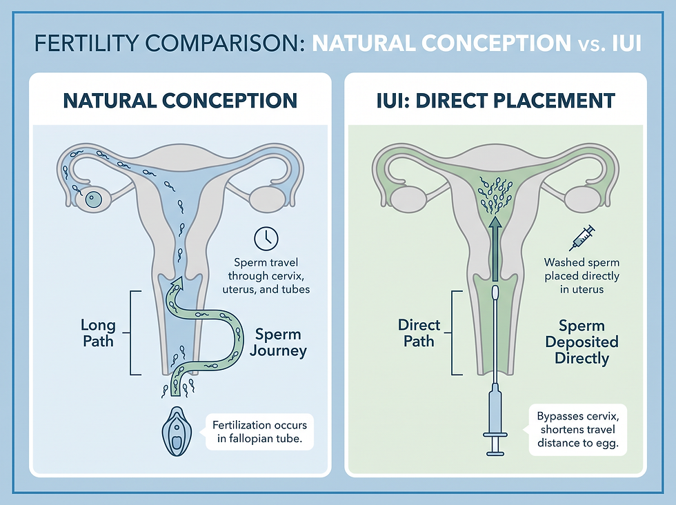 Side-by-side diagram comparing natural conception, where sperm travel a long path through the cervix, uterus, and tubes, with IUI, where washed sperm are placed directly in the uterus.