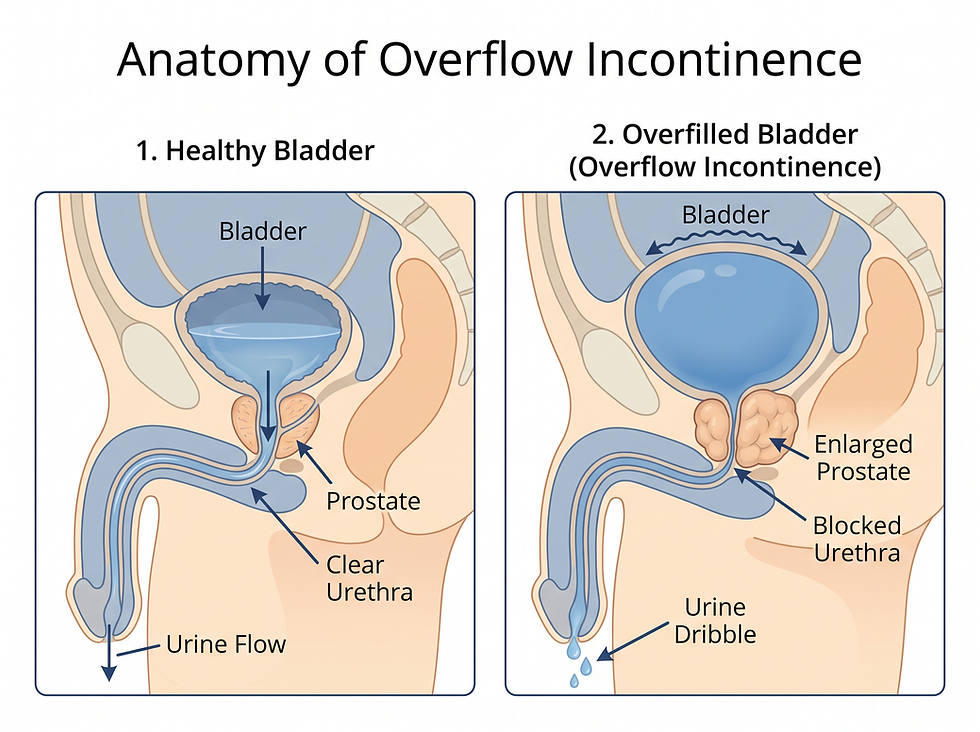 Overflow incontinence anatomy: how an enlarged prostate or urethral blockage leads to an overfilled bladder and leaking