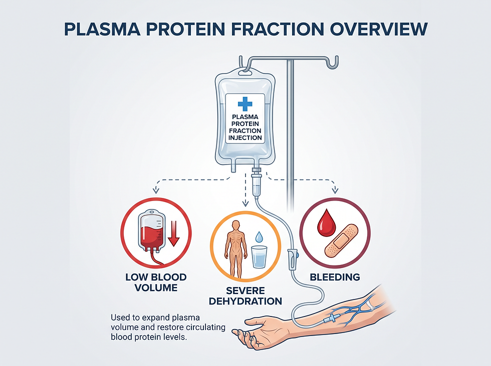 Diagram of plasma protein fraction injection used to treat low blood volume, severe dehydration, and bleeding