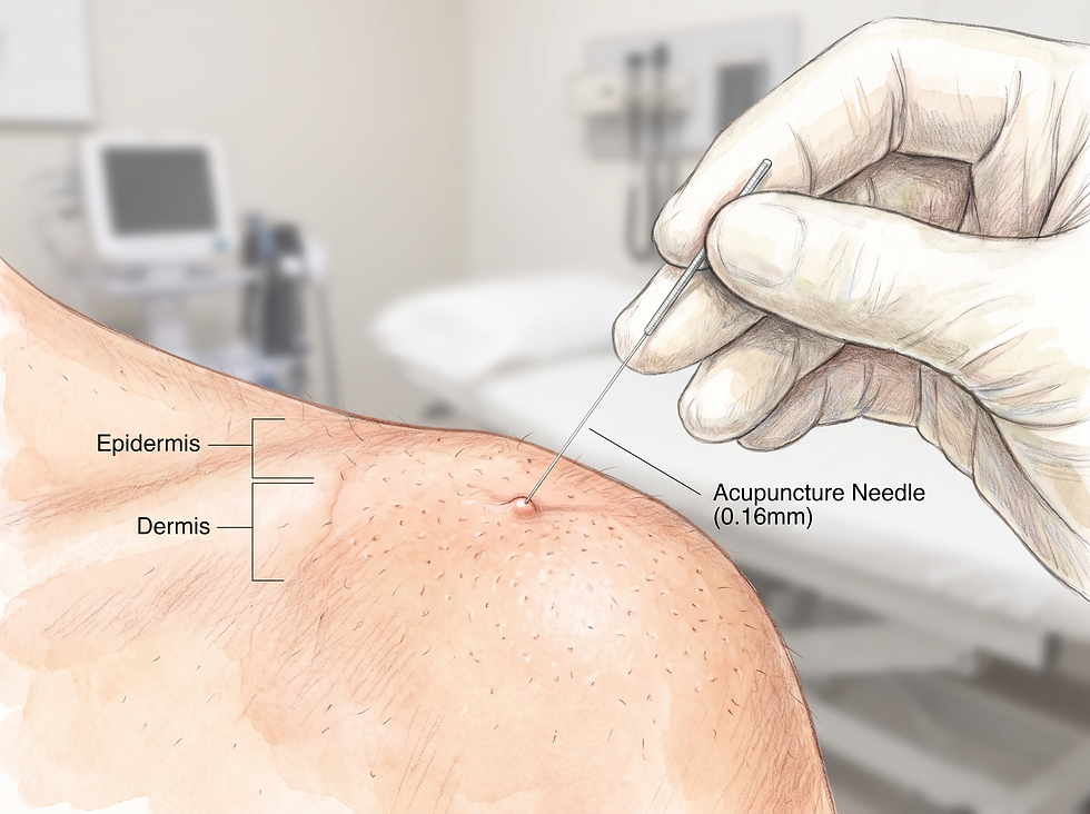 Close-up illustration of a thin acupuncture needle being inserted into the skin, showing the epidermis and dermis layers