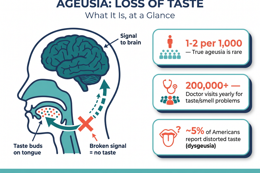 Overview of ageusia showing complete taste loss versus related disorders, the interrupted tongue-to-brain signal pathway, and key statistics