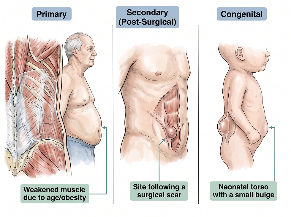 A detailed medical illustration showing the different types of lumbar hernias, including primary acquired, secondary traumatic, and congenital forms, with clear anatomical callouts.