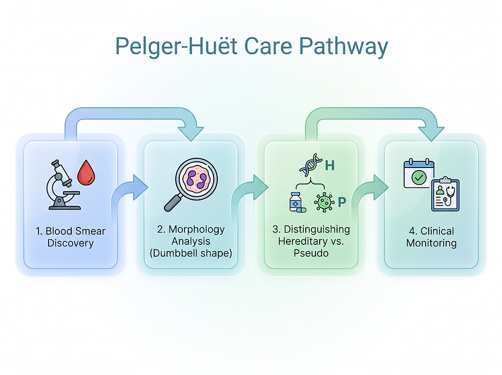 Clinical care roadmap for Pelger-Huët anomaly, from incidental discovery on a blood smear to distinguishing hereditary from pseudo types and monitoring for underlying conditions