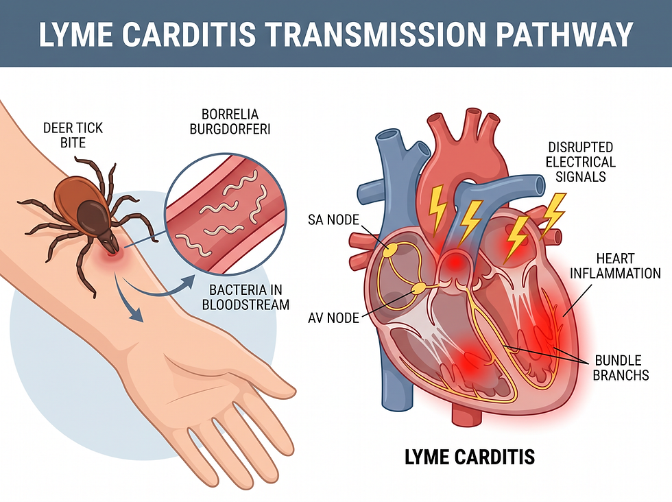 A professional medical infographic illustrating the path of Borrelia burgdorferi bacteria from a tick bite to the human heart, showing the resulting inflammation of the heart muscle and sac. The visual highlights the disruption of electrical signals within the heart's conduction system.