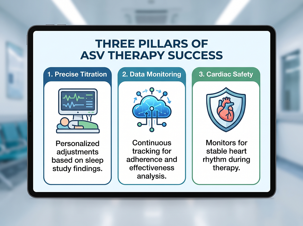 Infographic on the three pillars of ASV therapy success: precise titration, data monitoring, and cardiac safety