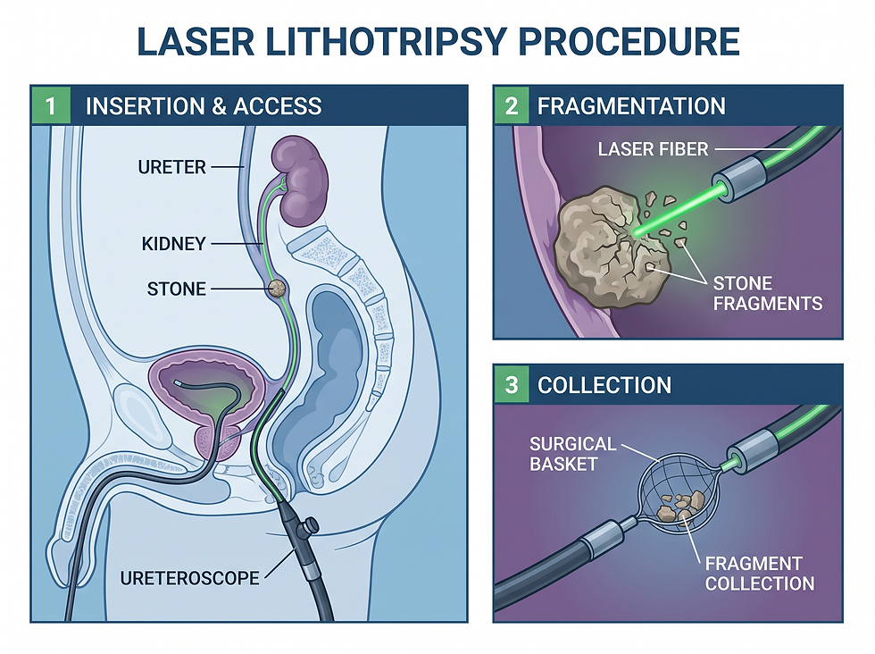 A professional medical illustration showing the steps of a laser lithotripsy procedure, including scope insertion, laser fragmentation, and stone removal.