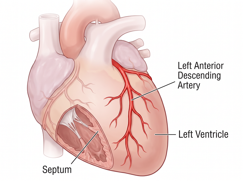 Anatomical overview of the LAD artery within the heart's coronary system