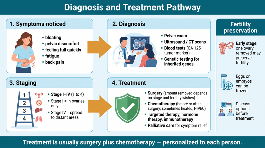 Ovarian cancer diagnosis and treatment pathway flowchart