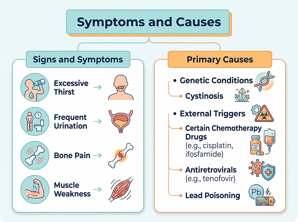 Fanconi Syndrome symptoms and causes — genetic triggers like cystinosis, drug-induced toxicity, and musculoskeletal impact
