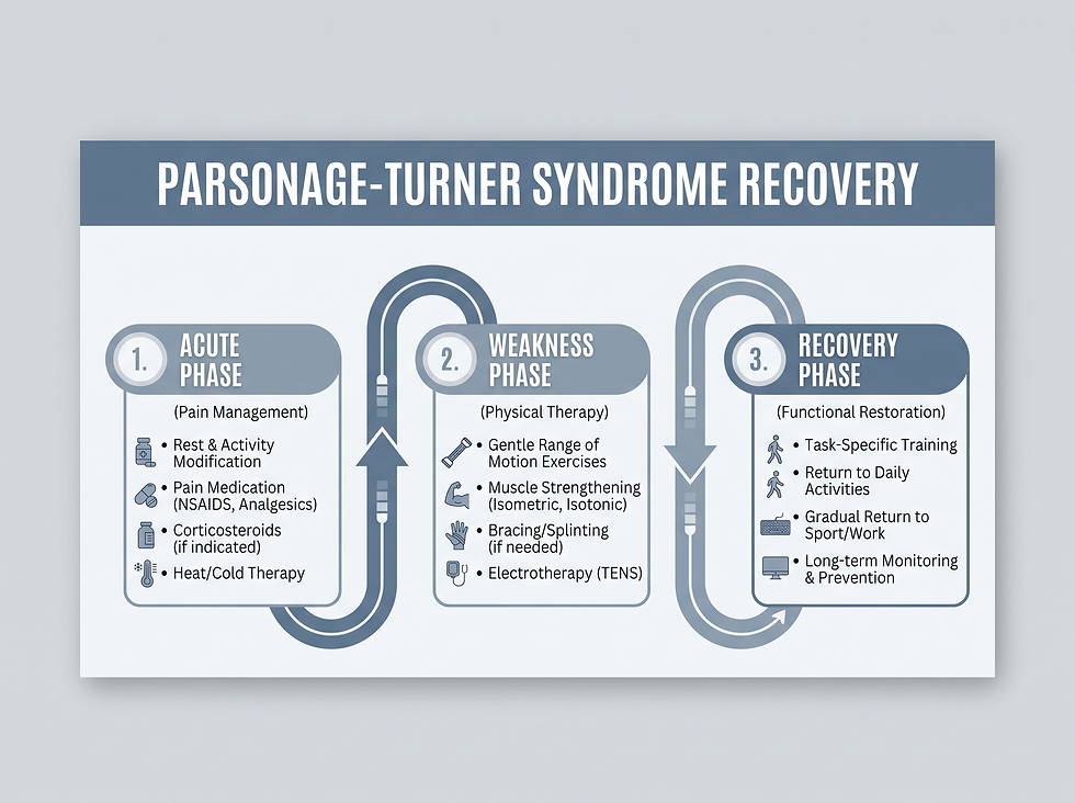 A professional recovery roadmap for Parsonage-Turner syndrome, detailing the transition from acute pain management to long-term physical therapy and functional restoration.