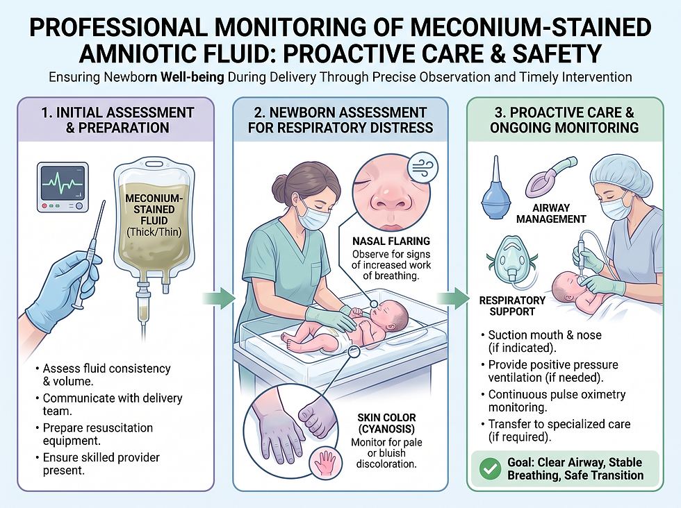 Figure 2: A guide to the clinical observations healthcare providers use to monitor meconium passage and neonatal respiratory safety.
