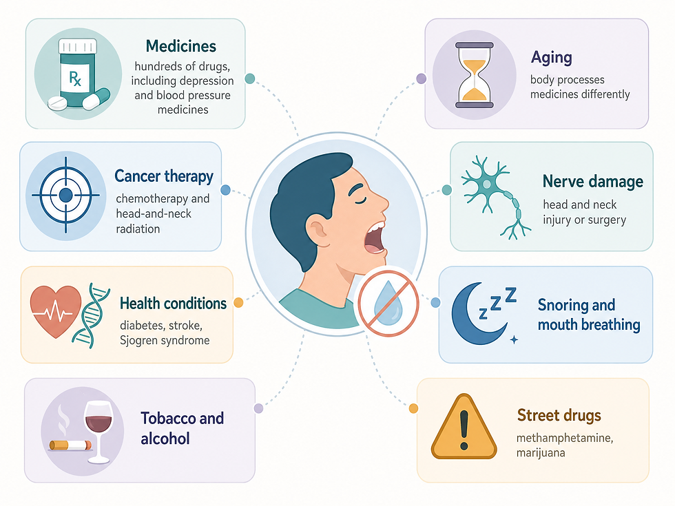 Eight cause cards arranged around a person with an open dry mouth: medicines (hundreds of drugs), aging, cancer therapy (chemotherapy and radiation), nerve damage, health conditions (diabetes, stroke, Sjogren syndrome), snoring and mouth breathing, tobacco and alcohol, and street drugs (methamphetamine, marijuana).