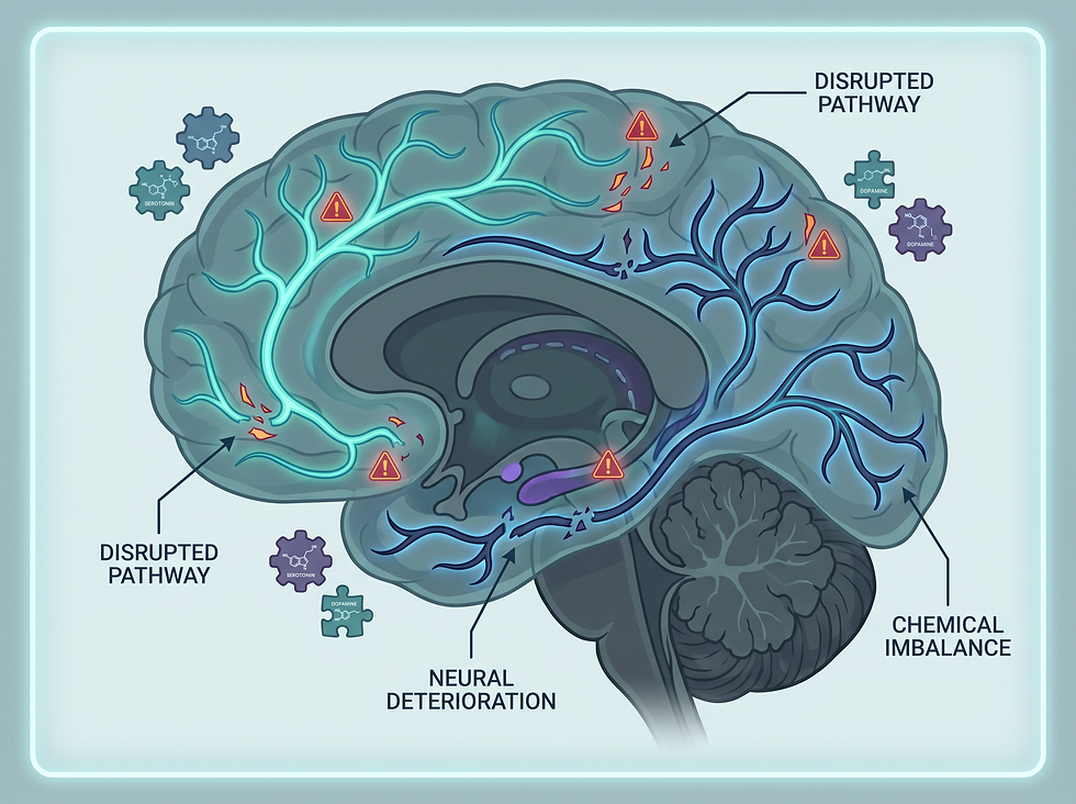 Illustration of disrupted neural pathways and chemical imbalances associated with schizophrenia symptoms