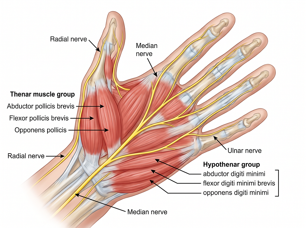 A detailed diagram highlighting the major muscle groups and the pathways of the radial, median, and ulnar nerves.