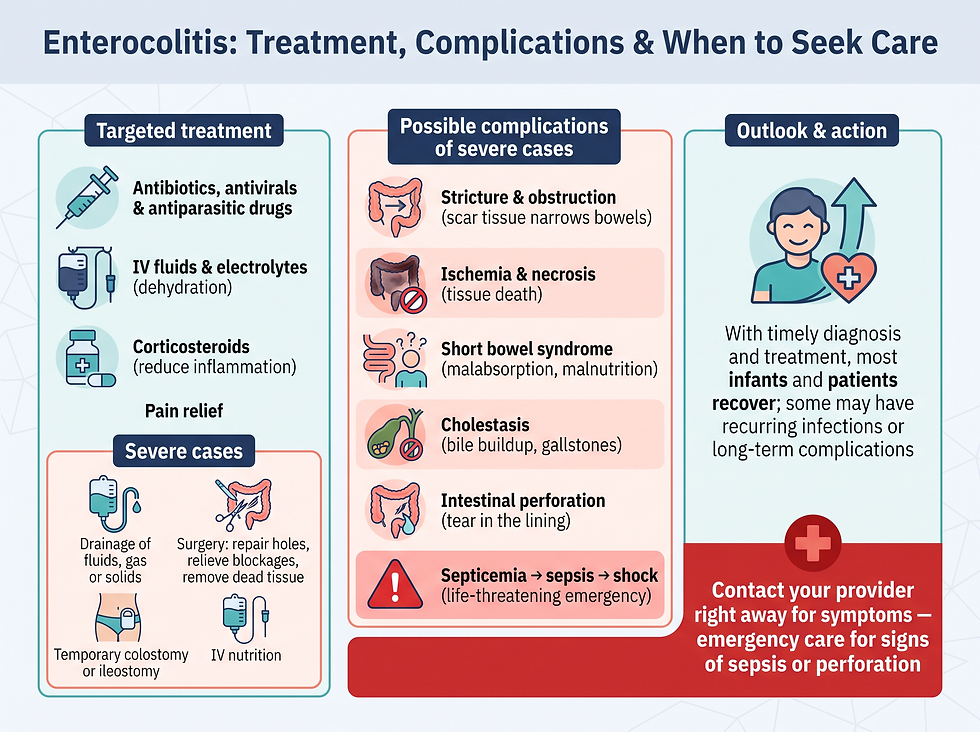 Acute and severe-case treatments for enterocolitis, the six possible complications, gut rehabilitation, and when to contact your healthcare provider.