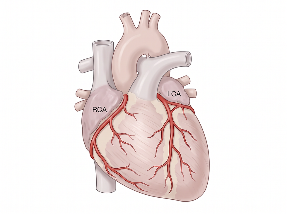 Diagram of the human heart showing the right and left coronary arteries branching off the aorta and wrapping around the heart muscle