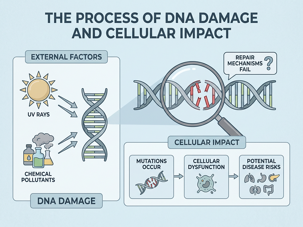 The process of DNA damage from UV rays and chemical pollutants, failed repair, mutations, cellular dysfunction and potential disease risks