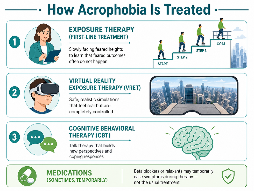 Infographic titled How Acrophobia Is Treated showing exposure therapy as the first-line treatment with a person climbing stairs toward a goal, virtual reality exposure therapy shown through a VR headset view of a city skyline, cognitive behavioral therapy shown as talk bubbles and a brain icon, and a note that medications like beta blockers or relaxants may temporarily ease symptoms during therapy but are not the usual treatment.