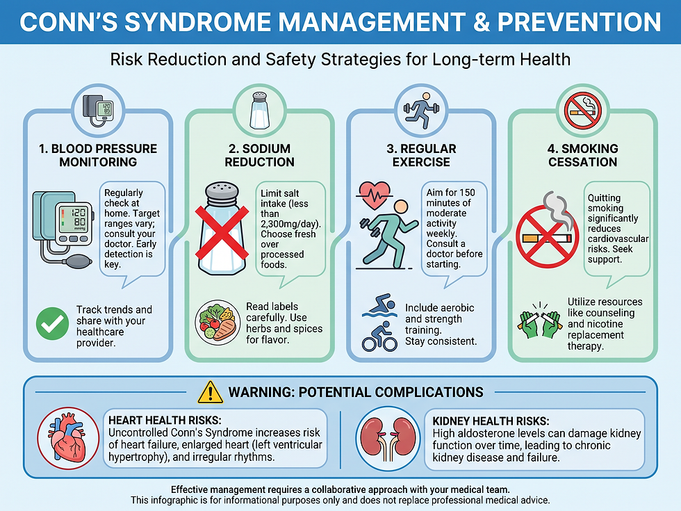 Conn’s syndrome management and prevention: blood pressure monitoring, sodium reduction, regular exercise, quitting smoking, and potential heart and kidney complications