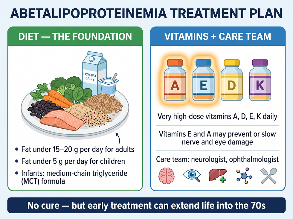 Abetalipoproteinemia treatment plan: low-fat diet as the foundation plus very high-dose vitamins A, D, E, K and a multi-specialist care team