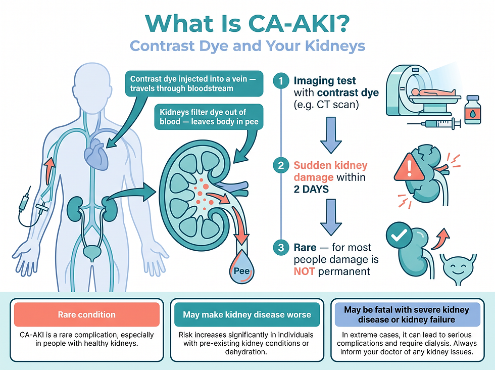 What is CA-AKI: contrast dye journey through the bloodstream, filtered by the kidneys, and the sudden kidney damage that can follow