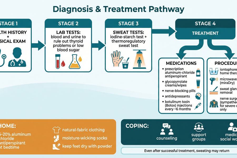 Hyperhidrosis diagnosis and treatment pathway — from medical history and lab tests through sweat tests, medications, procedures, and the at-home and coping measures that support them.