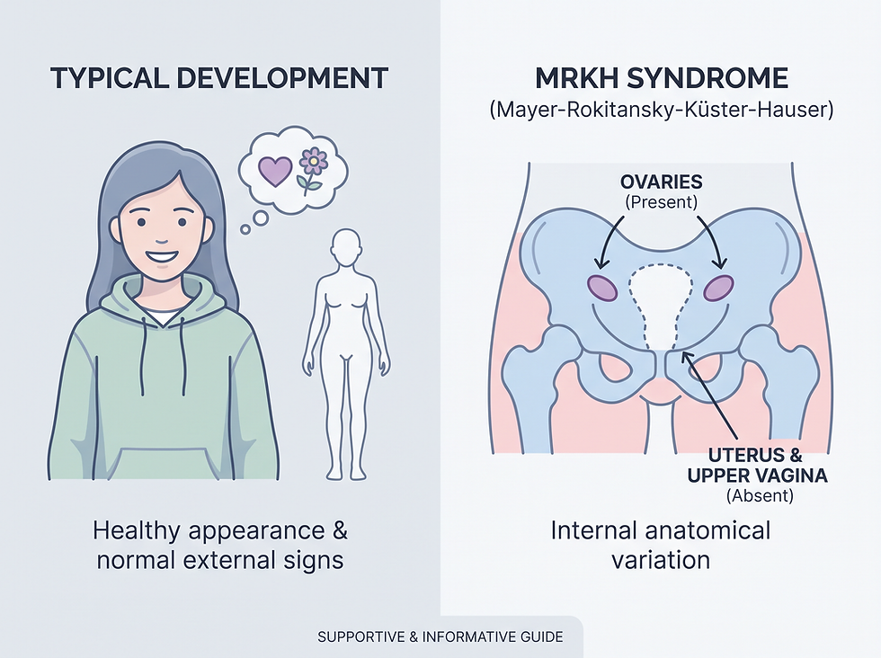Comparison of typical development and MRKH syndrome showing present ovaries and absent uterus and upper vagina