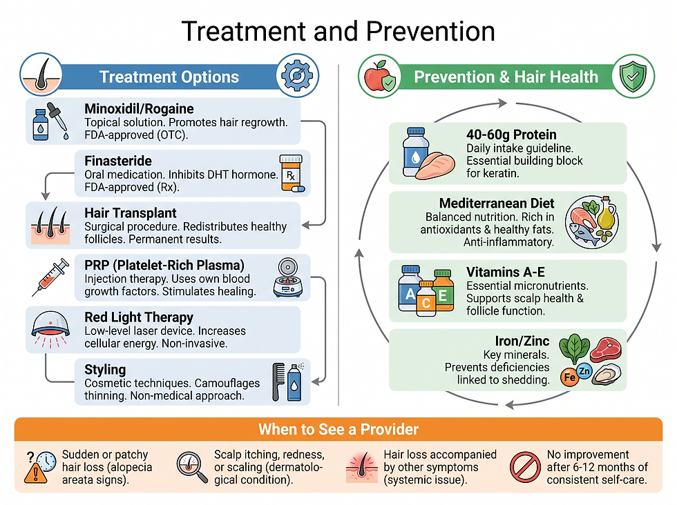 Infographic detailing hair loss treatments like minoxidil and PRP alongside prevention tips including the Mediterranean diet and protein intake