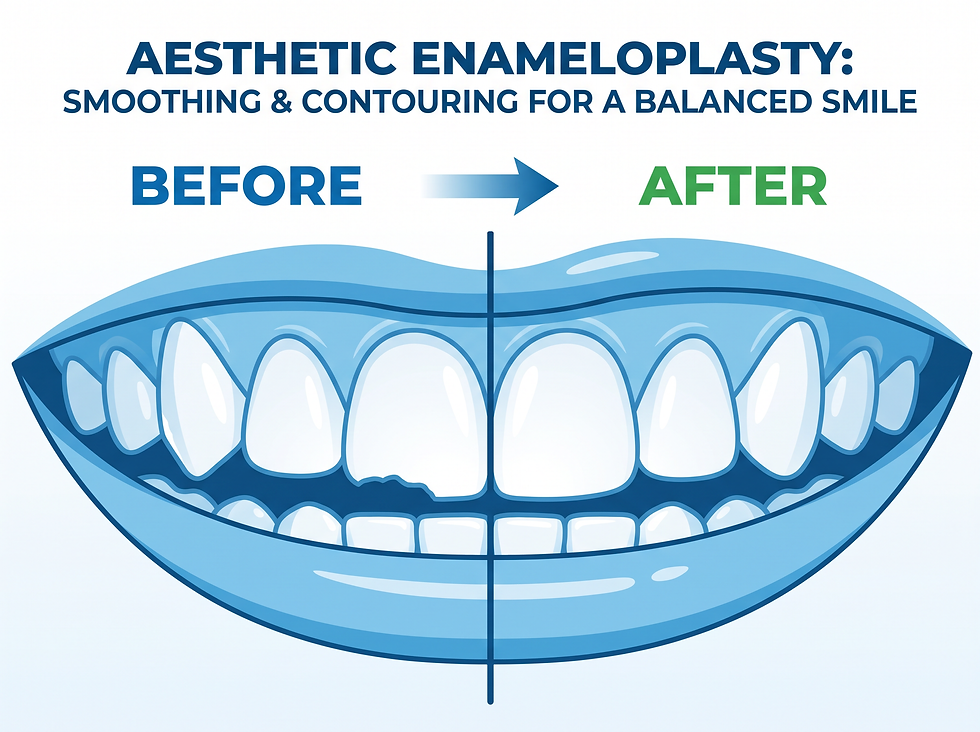 A comparative infographic showing a before-and-after representation of a smile treated with enameloplasty, highlighting the correction of a small chip and a pointy canine tooth.