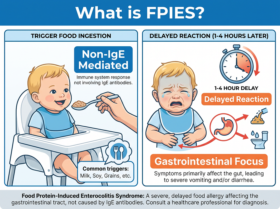 What is FPIES: a non-IgE mediated food reaction in an infant with a delayed gastrointestinal response 1 to 4 hours after eating
