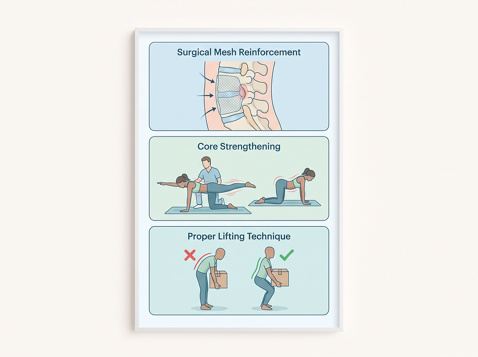 A professional medical visual guide showing the surgical repair process for a lumbar hernia and the essential post-operative recovery steps, including core exercises and ergonomic lifting.
