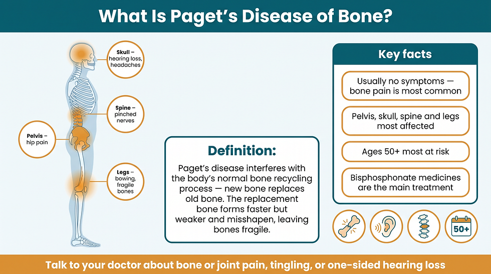 What is Paget's disease of bone — infographic showing normal versus abnormal bone remodeling and key facts