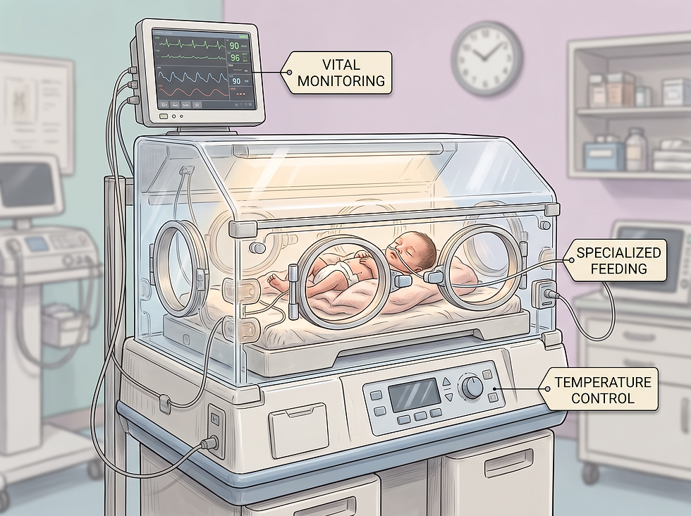 Newborn in a temperature-controlled NICU incubator with vital monitoring and specialized feeding equipment
