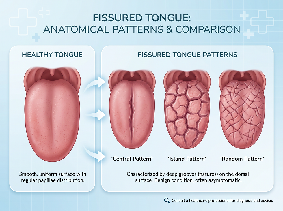 Fissured tongue anatomical patterns compared with a healthy tongue, showing central, island and random groove patterns